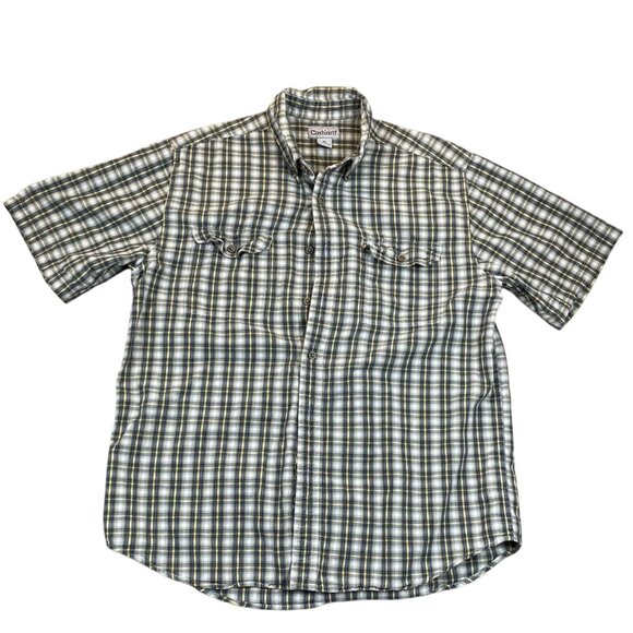 Carhartt Mens Shirt Size XL Plaid Short Sleeve Work Shirt Button Up Cotton Blue - Picture 1 of 10